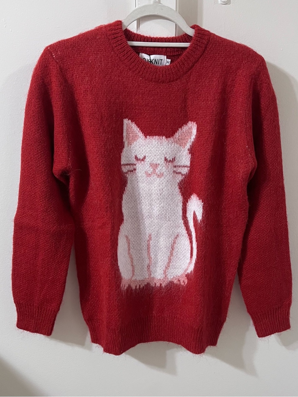 OXknit Red Cute White Cat Kacquard Plush Sweater - Picture 3 of 7